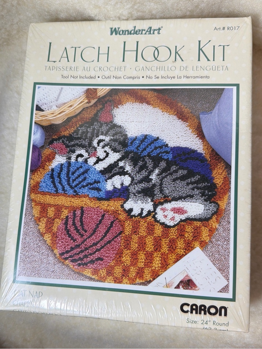 New/Sealed Caron Multi-Color Latch Hook Kit Featuring Sleeping Cat Design